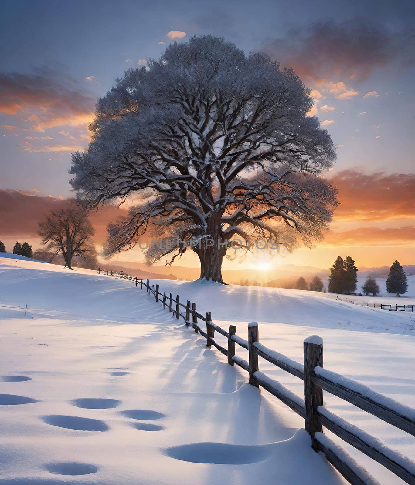 Beautiful winter landscape with frozen tree.Beautiful winter landscape with snow covered tree.Winter landscape with lonely tree.Frosted tree on a hillside in the winter season.