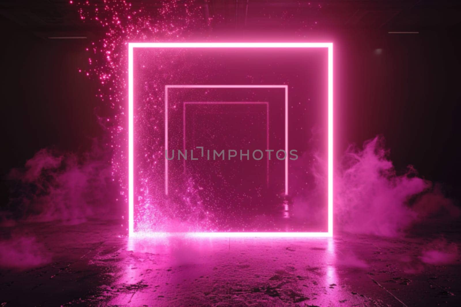 A vibrant pink neon square amidst a misty, particle-filled scene, perfect for music album covers, edgy brand marketing, or sci-fi artwork. Copy space for text. Generative AI