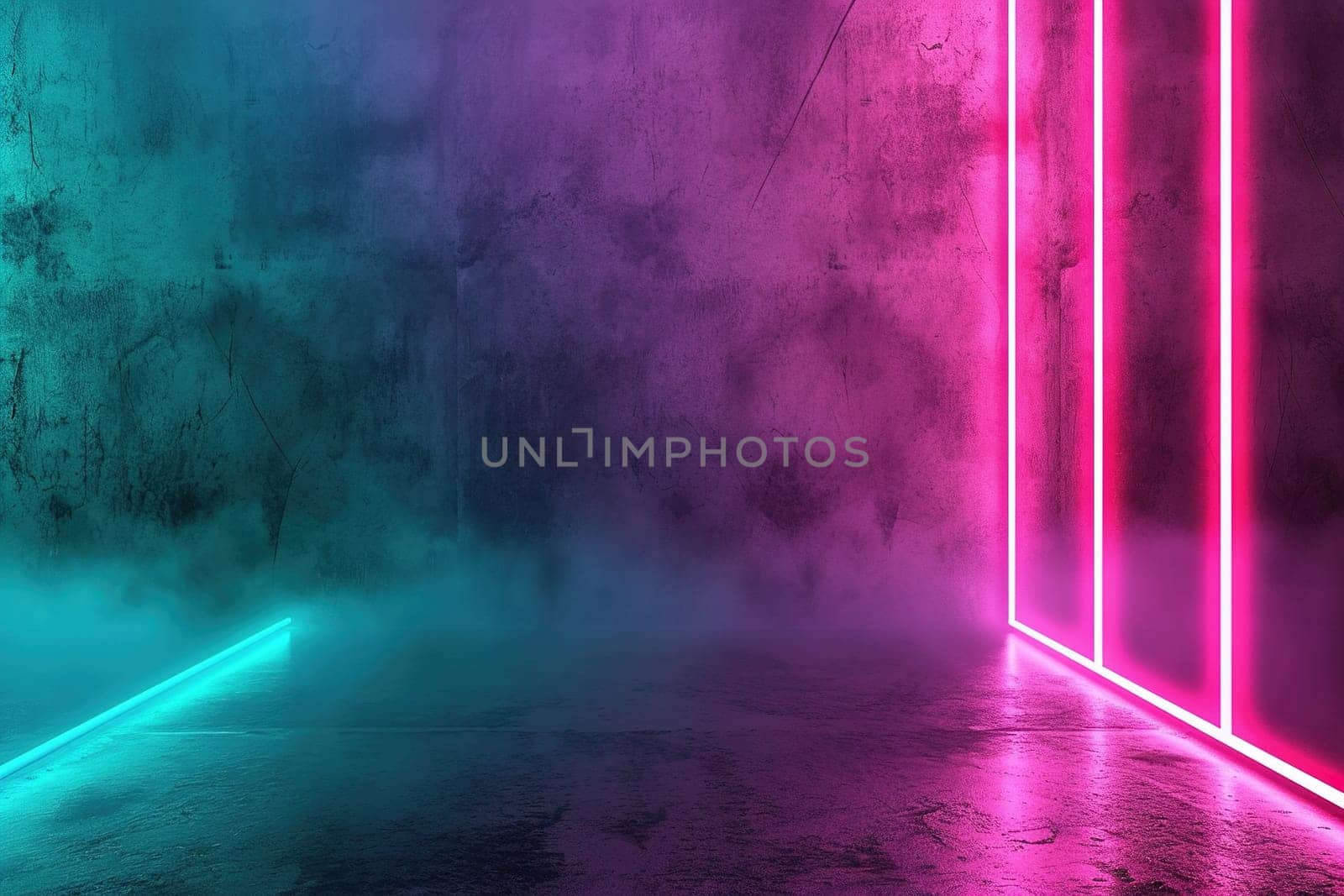 Cyberpunk-inspired room with neon pink and blue lights on textured walls, perfect for atmospheric backgrounds or vibrant graphic designs. Copy space for text. Generative AI