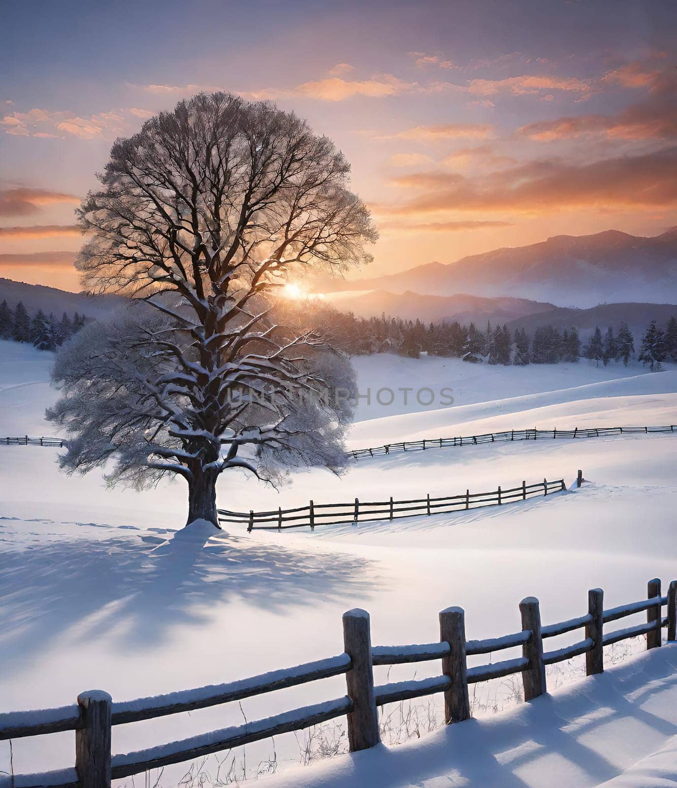 Beautiful winter landscape with frozen tree.Beautiful winter landscape with snow covered tree.Winter landscape with lonely tree.Frosted tree on a hillside in the winter season.