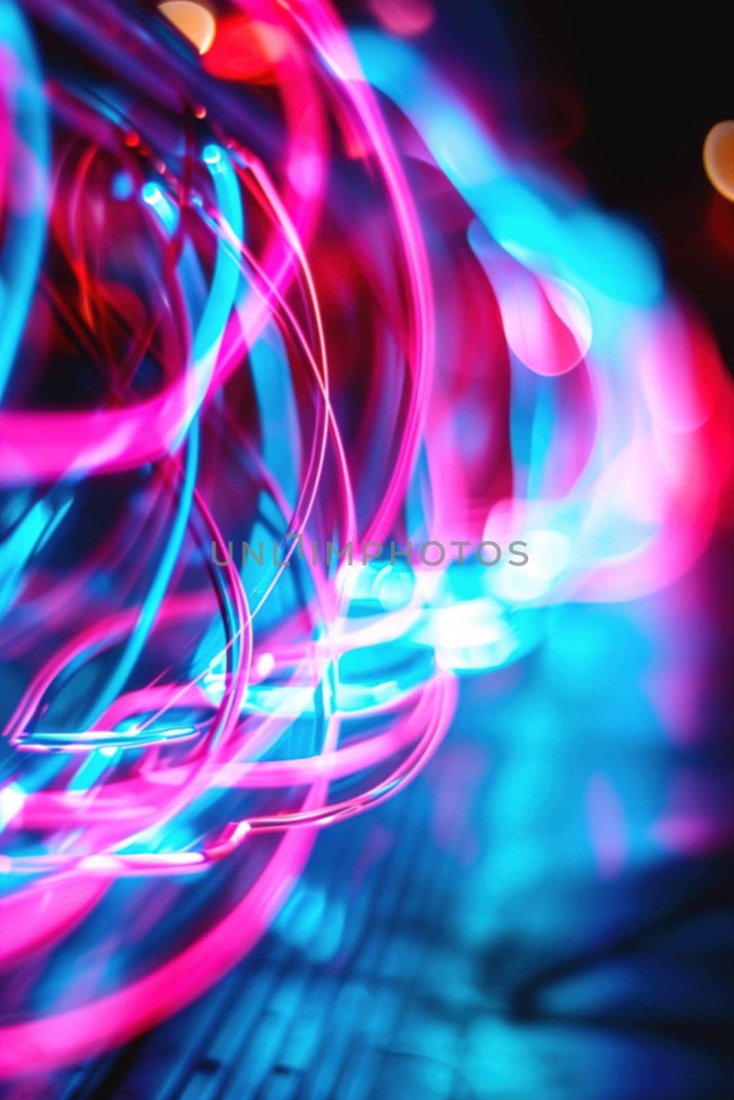 Dynamic abstract neon swirls with a bokeh effect in pink and blue, creating a sense of digital motion, perfect for creative tech or music-themed visuals. Generative AI
