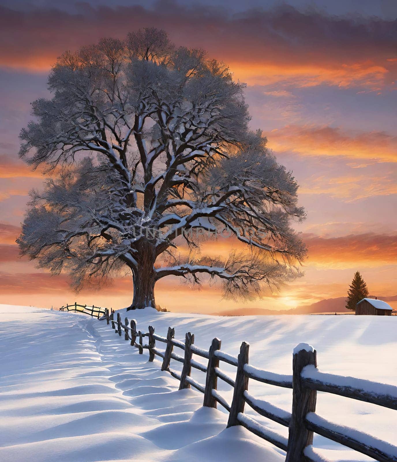 Beautiful winter landscape with frozen tree.Beautiful winter landscape with snow covered tree.Winter landscape with lonely tree.Frosted tree on a hillside in the winter season.