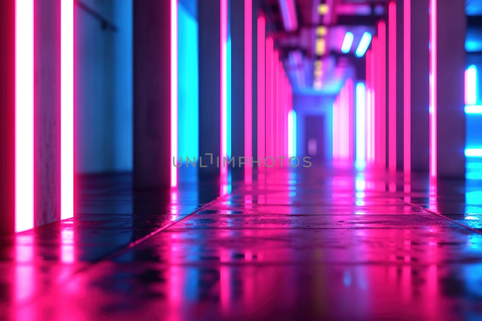 Futuristic neon-lit corridor with vivid pink and blue lights reflecting on glossy floor, perfect for gaming, VR environments, or modern sci-fi visuals. Generative AI. by creativebird