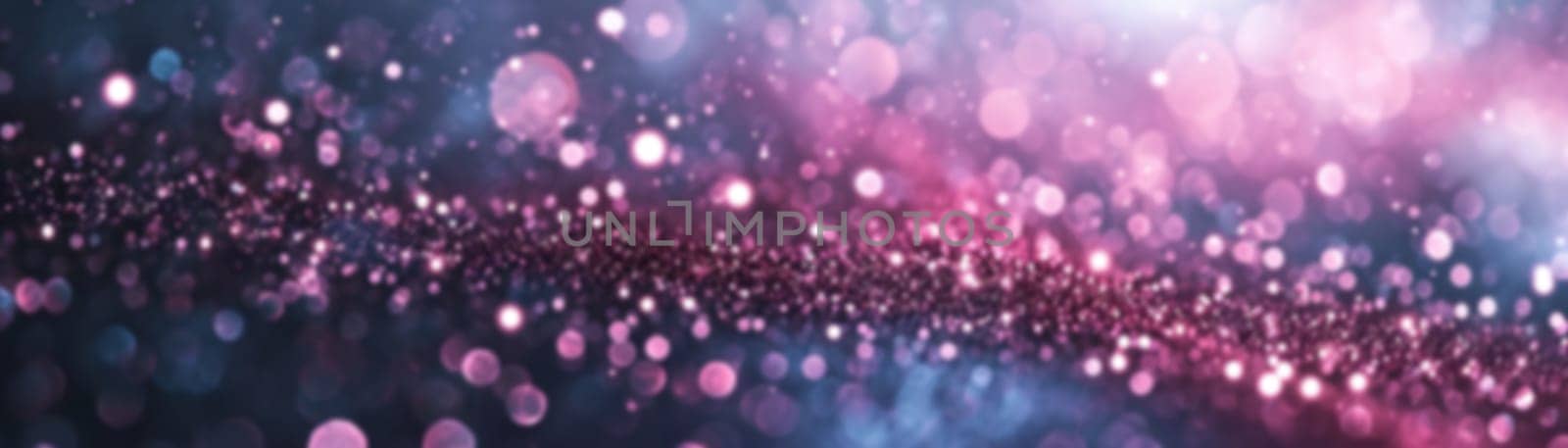 A radiant violet glitter bokeh background, ideal for use in beauty, romance-themed visuals or celebratory event graphics. Panoramic banner. Generative AI