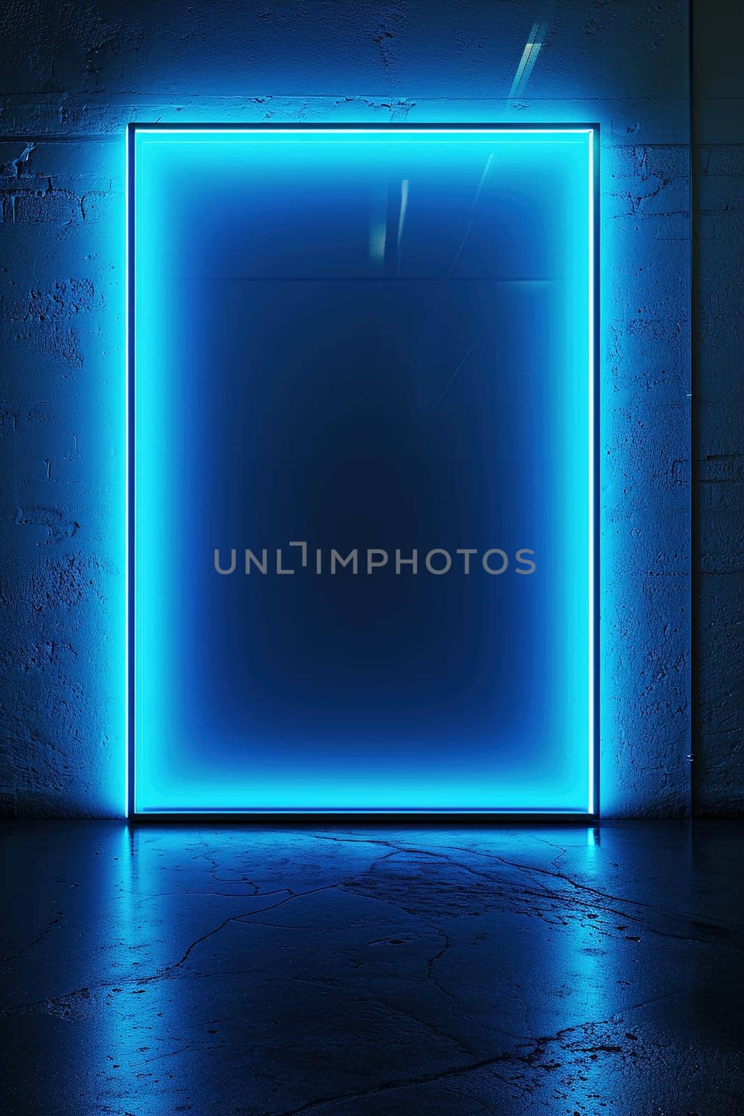 Striking blue neon light rectangular frame on a grunge wall, with ample copy space for text or logo, ideal for tech or art-themed design projects. Generative AI