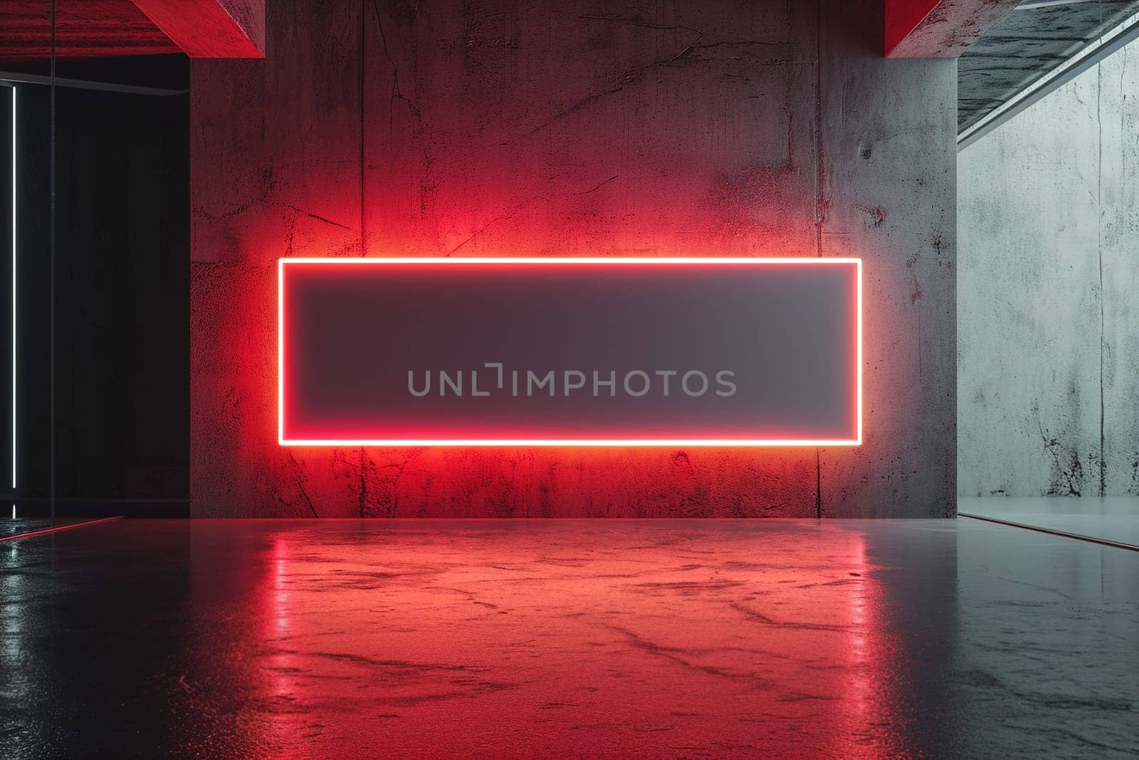 Empty rectangular, minimalist frame illuminated by vibrant red neon lighting, set against grungy wall with ample space for text. Perfect for event visuals, promotional content. Generative AI