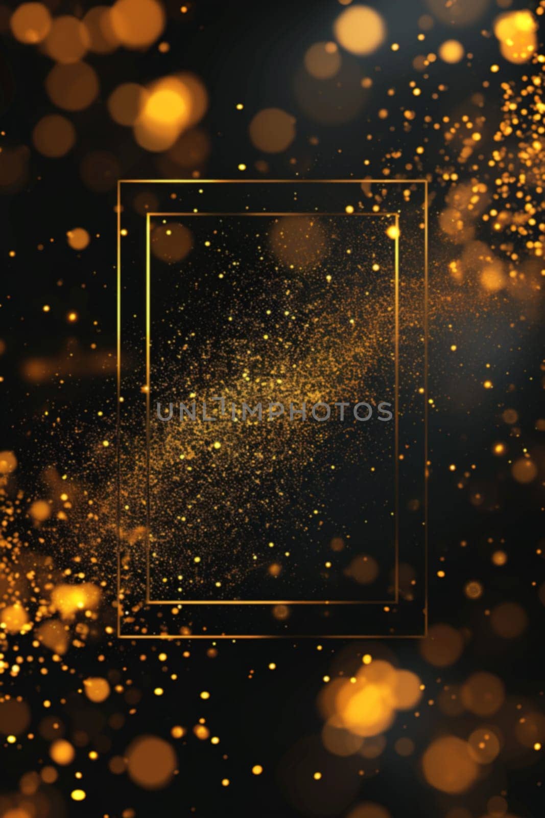 An exquisite golden particle frame amidst a sparkling bokeh, perfect for sophisticated event announcements, luxury product framing, or elegant marketing materials. Generative AI