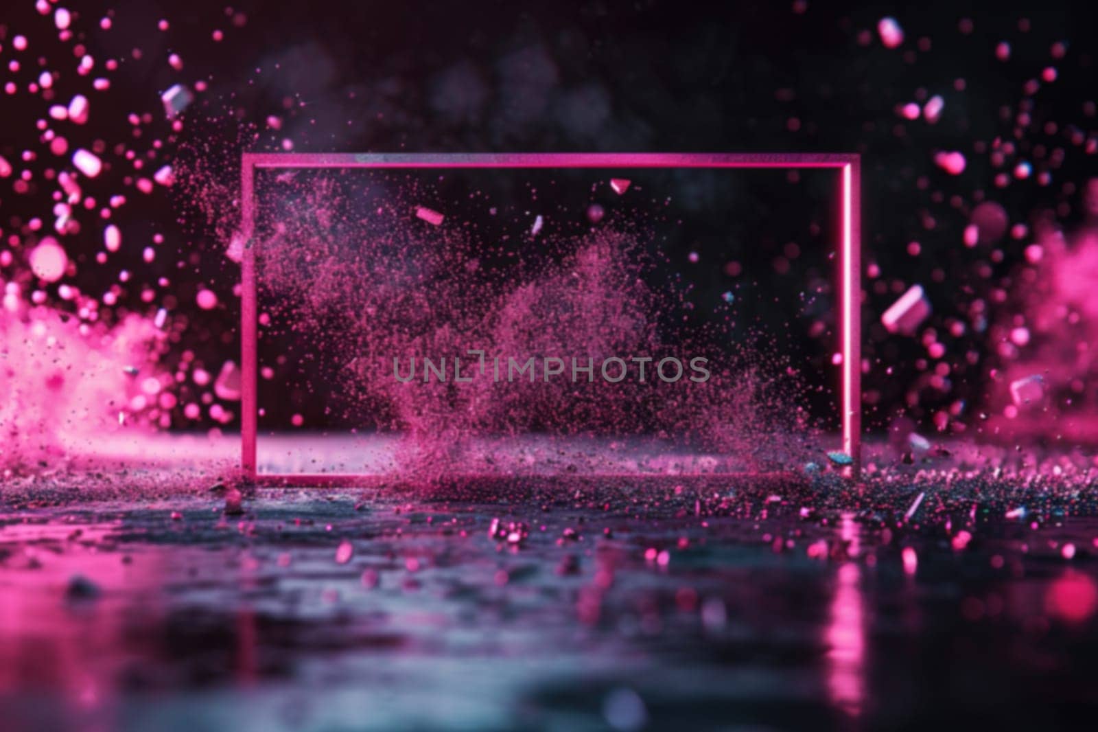 A neon pink rectangular frame amidst a dramatic particle splash, great for edgy fashion promos, vibrant event posters, or modern digital art. Generative AI. by creativebird