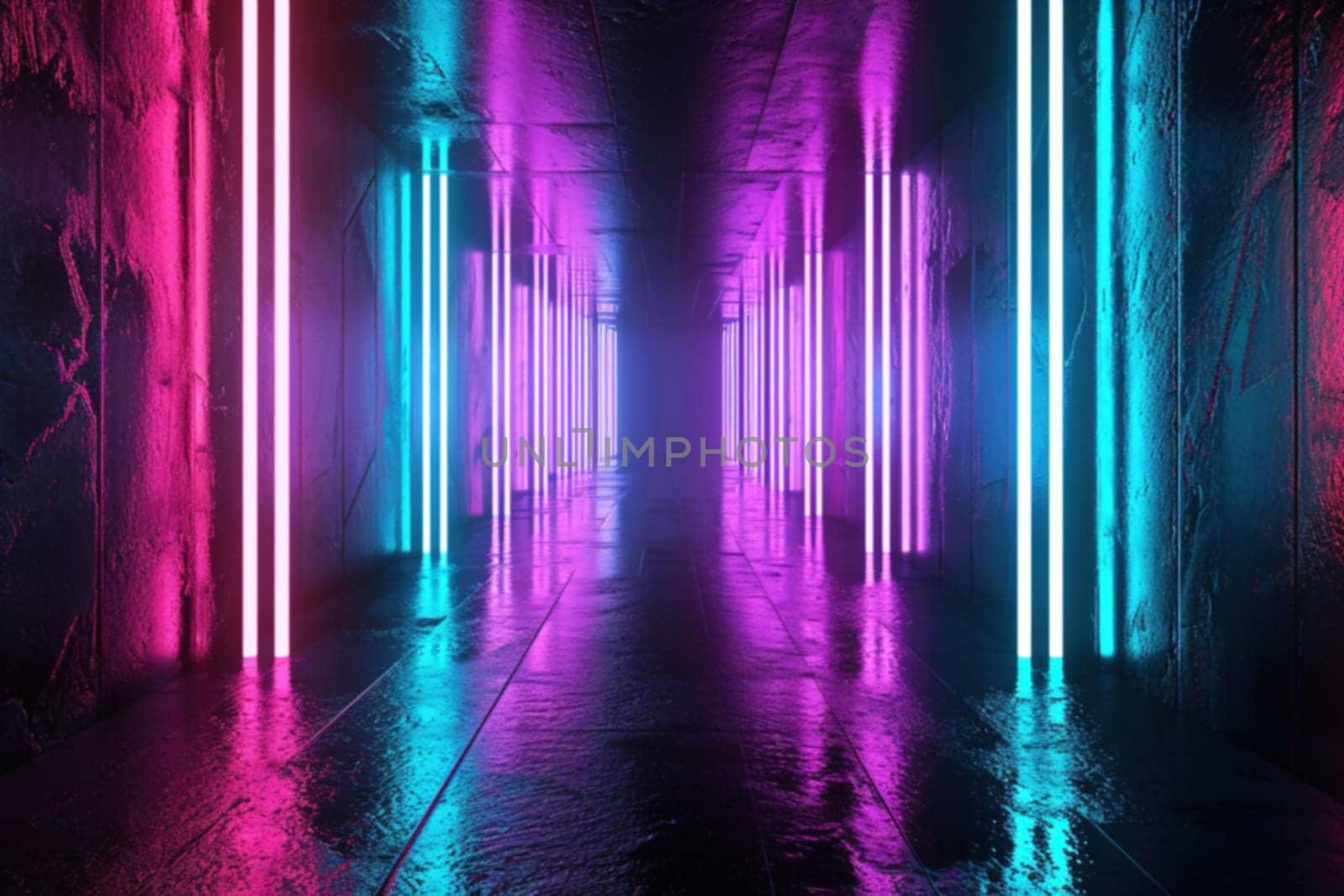 Futuristic neon-lit corridor with vivid pink and blue lights reflecting on glossy floor, perfect for gaming, VR environments, or modern sci-fi visuals. Generative AI. by creativebird