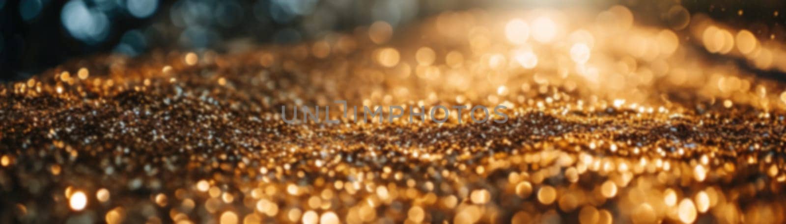 A majestic golden sparkle with a bokeh effect, perfect for high-end product backgrounds, festive occasions, or luxury brand visuals. Abstract panoramic banner with shiny particles. Generative AI