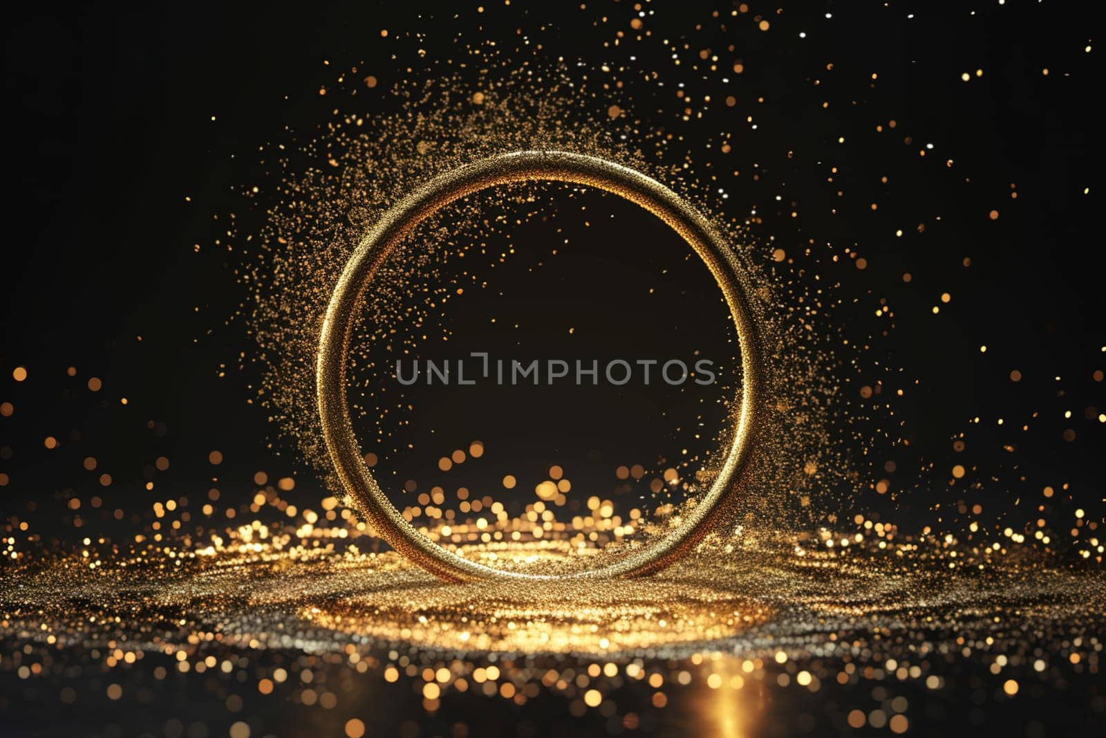A stunning golden circular frame with sparkling particles, ideal for exclusive event invitations, luxury branding, or special occasion designs. Copy space. Generative AI. by creativebird