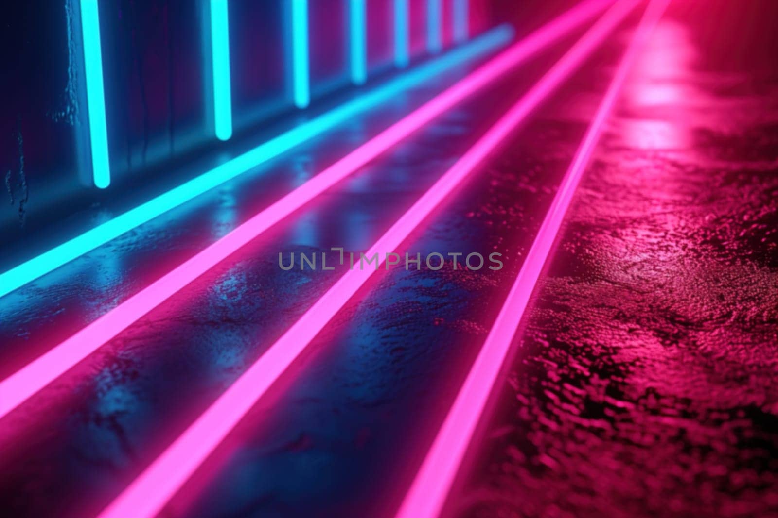 Dynamic abstract background with diagonal neon pink and blue lines on a wet surface, creating a vibrant visual perfect for modern and energetic themes. Generative AI. by creativebird