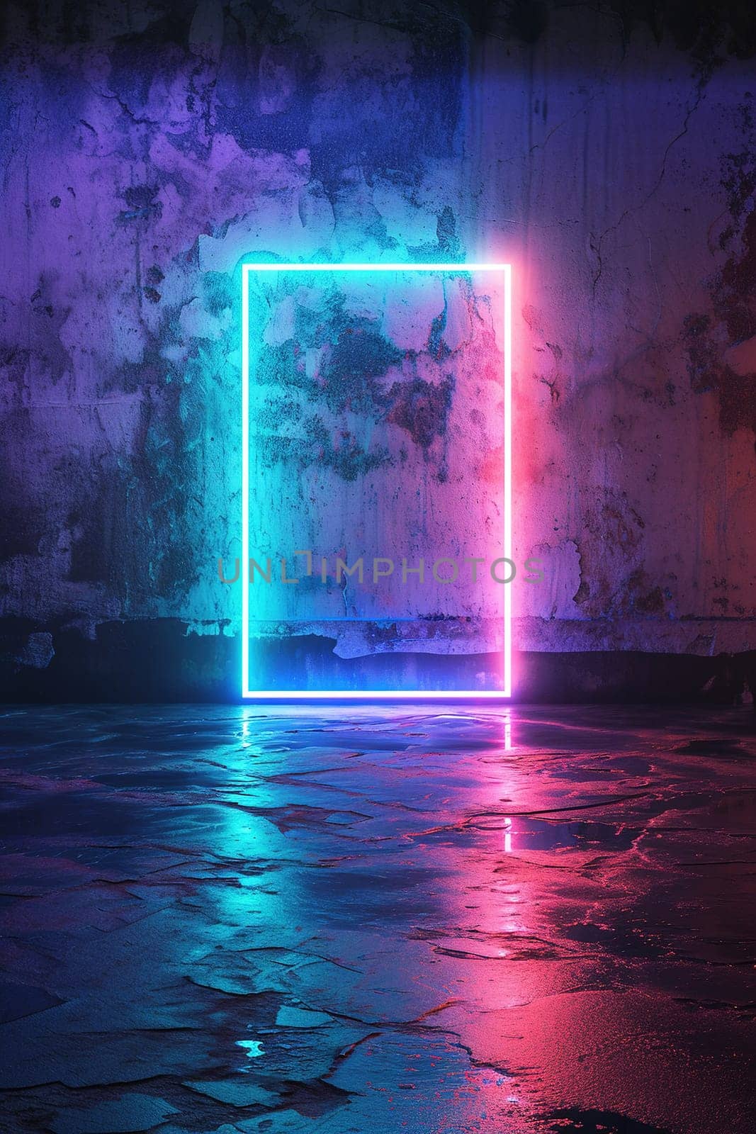 A surreal neon-lit frame casts vibrant pink and blue hues on a wet concrete surface, ideal for cyberpunk themes, futuristic promotions, and edgy artistic compositions. Copy space. Generative AI