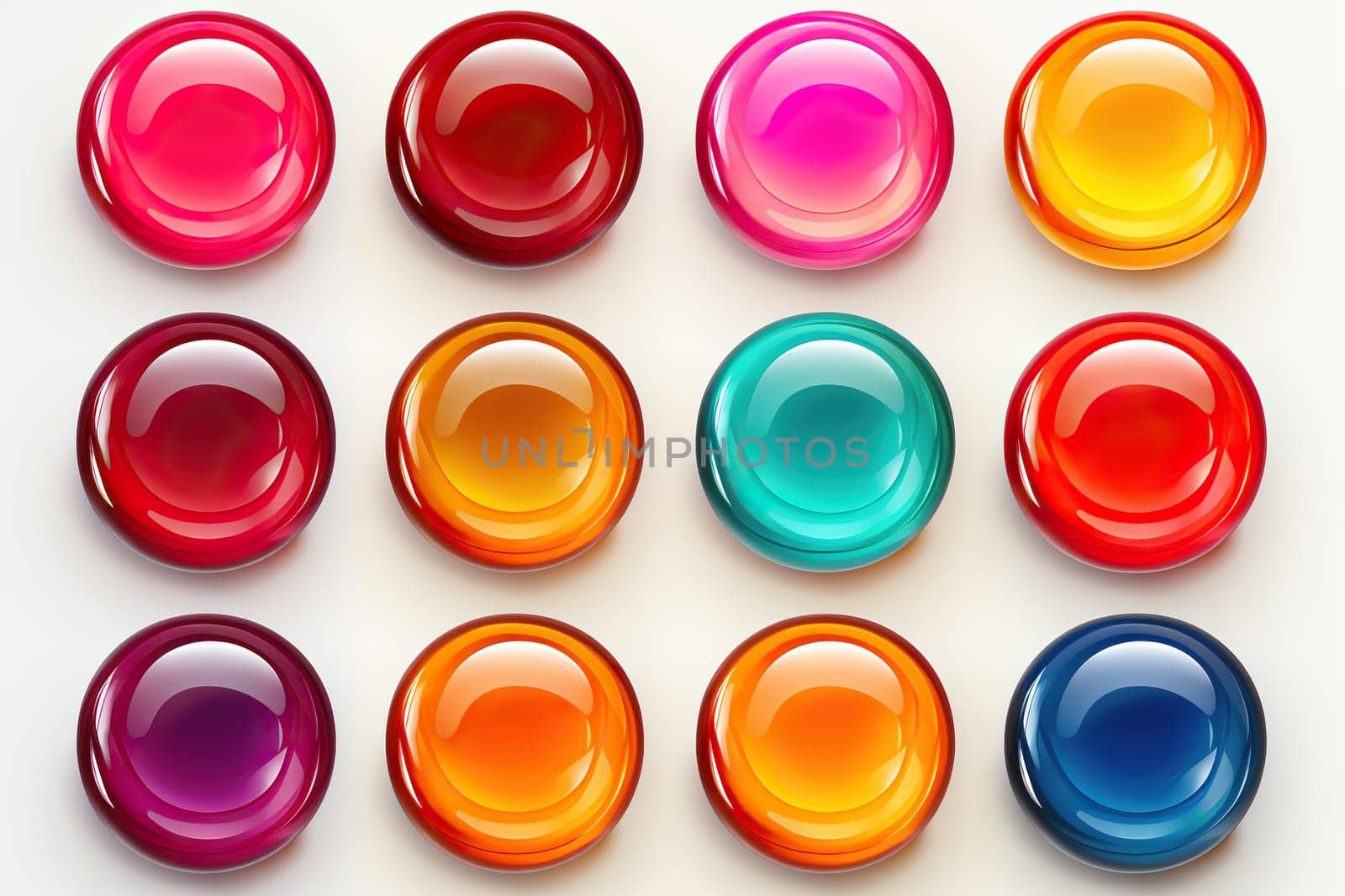 Set of glossy buttons, icons of different colors on a white background.