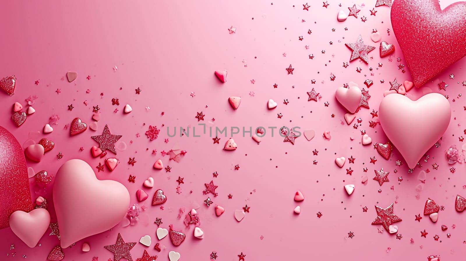 Pink card with hearts and sparkles for Valentine's Day. selective focus. Generative AI, by mila1784
