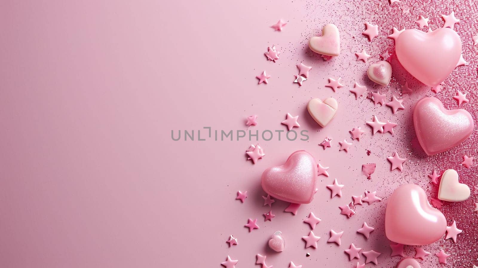 Pink card with hearts and sparkles for Valentine's Day. selective focus. Holidays Generative AI,