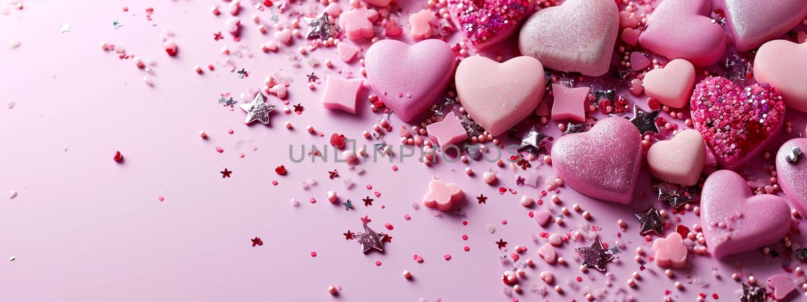 Pink card with hearts and sparkles for Valentine's Day. selective focus. Generative AI, by mila1784