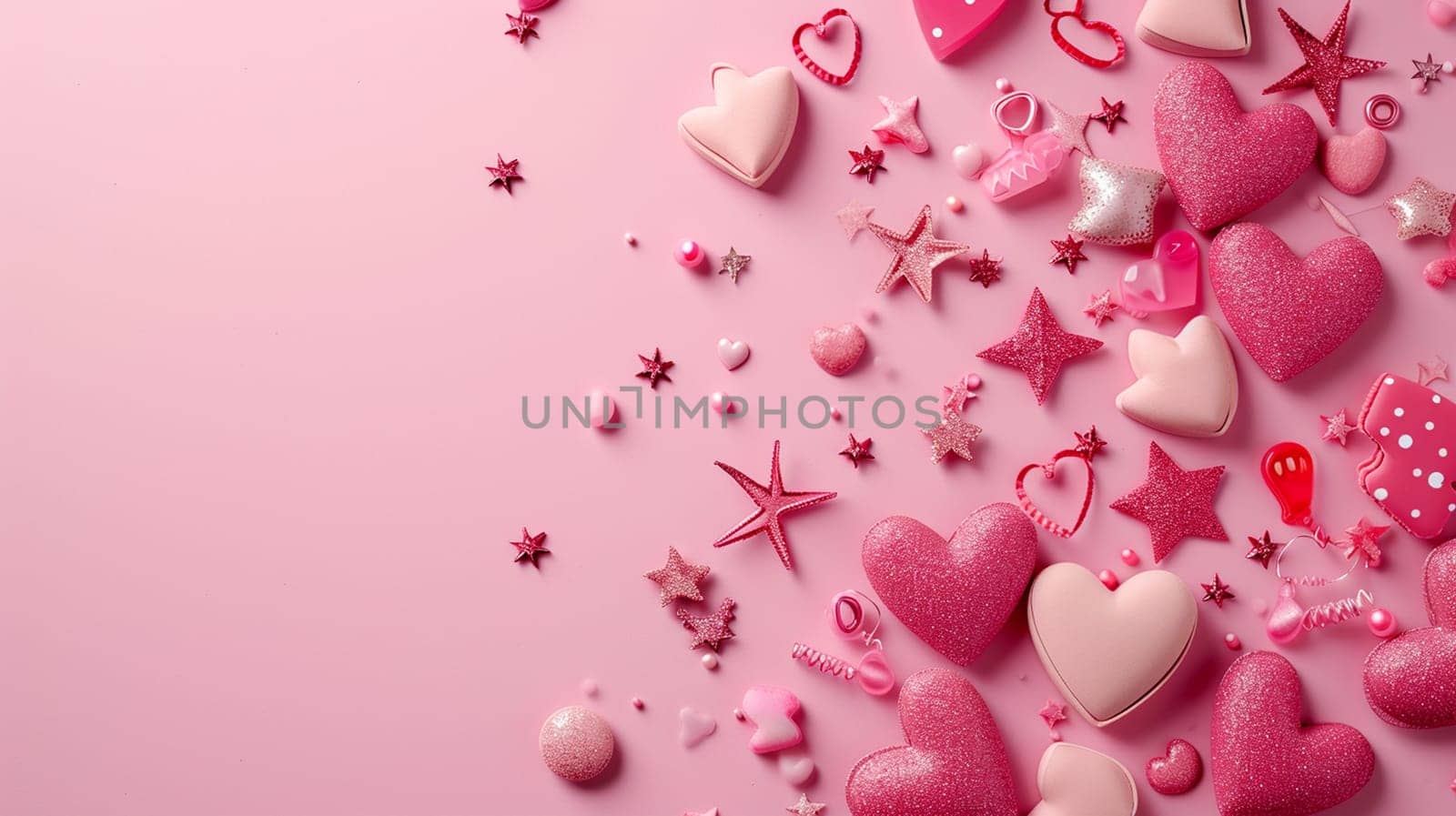 Pink card with hearts and sparkles for Valentine's Day. selective focus. Generative AI, by mila1784