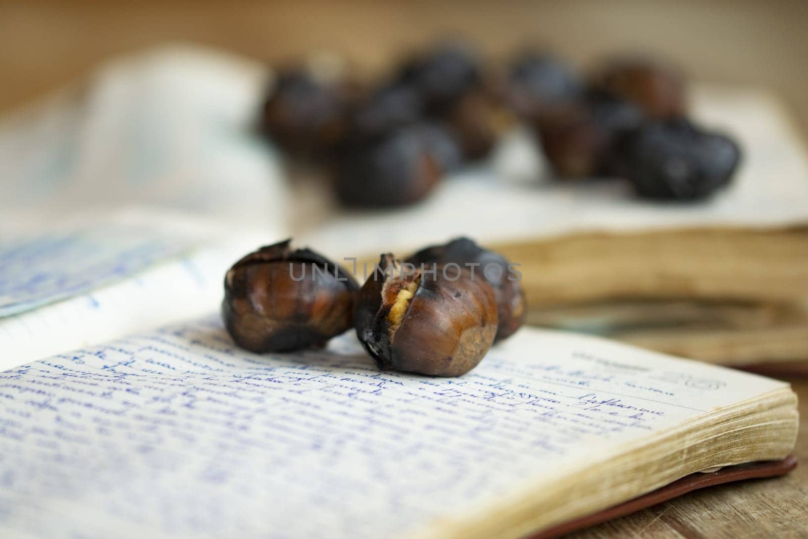 roasted chestnuts resting on a handwritten notebook