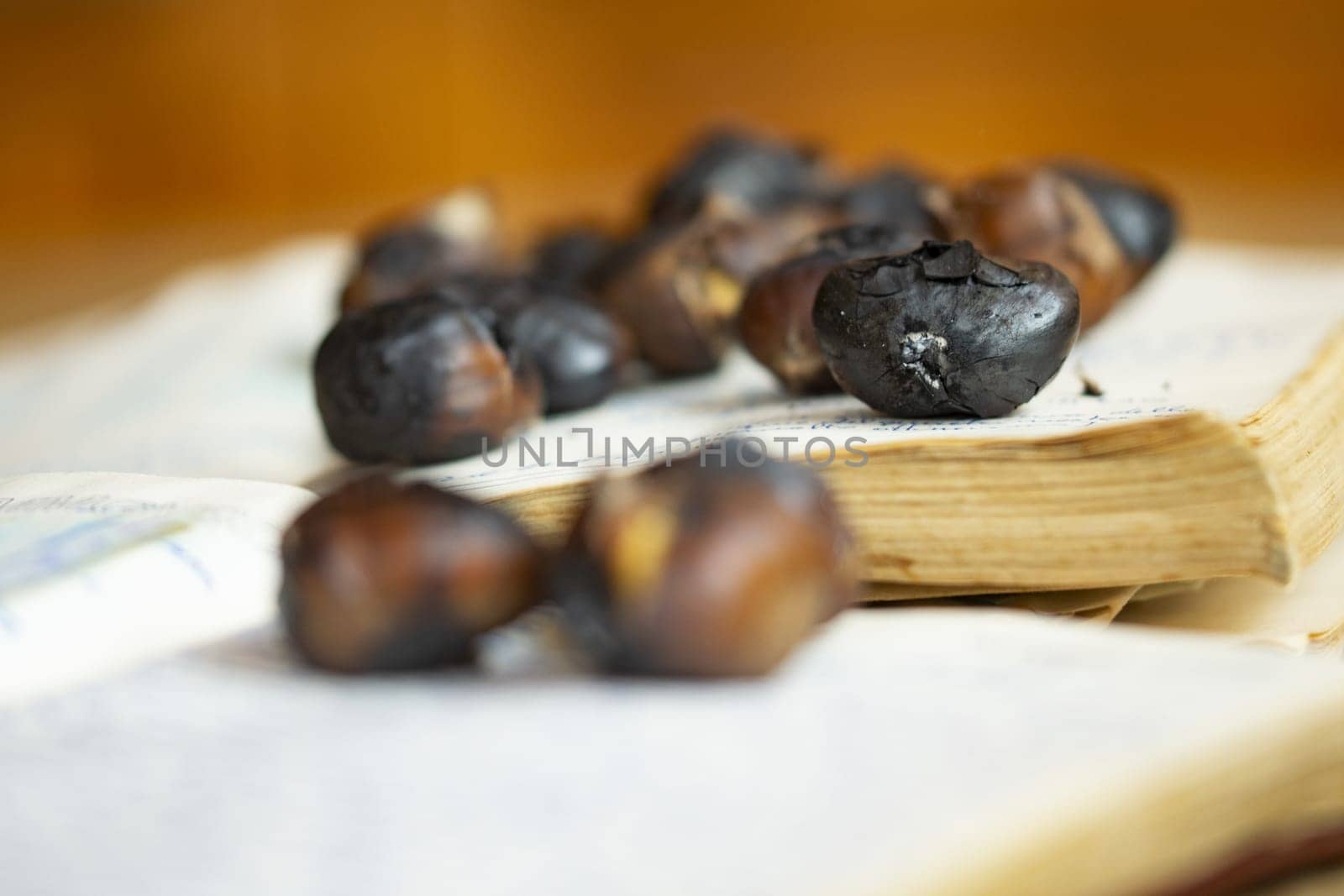 roasted chestnuts resting on a handwritten notebook