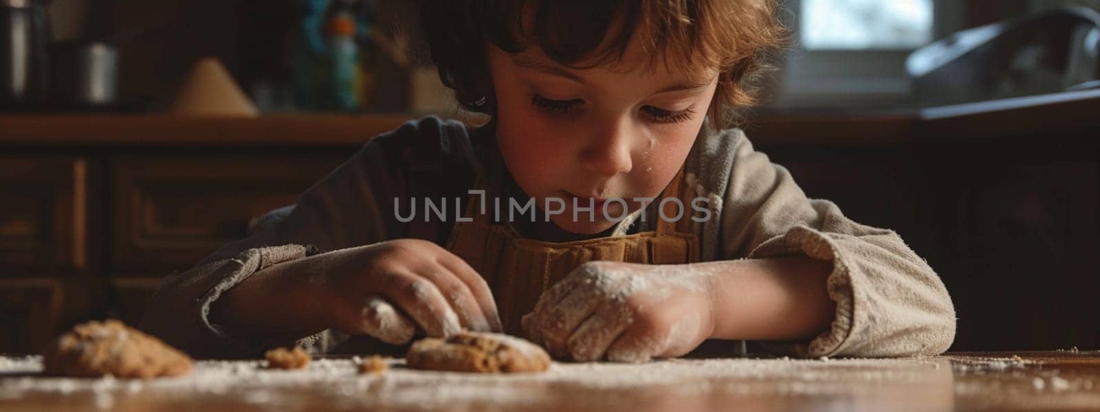 A child makes a cookie. Selective focus. Generative AI, by mila1784