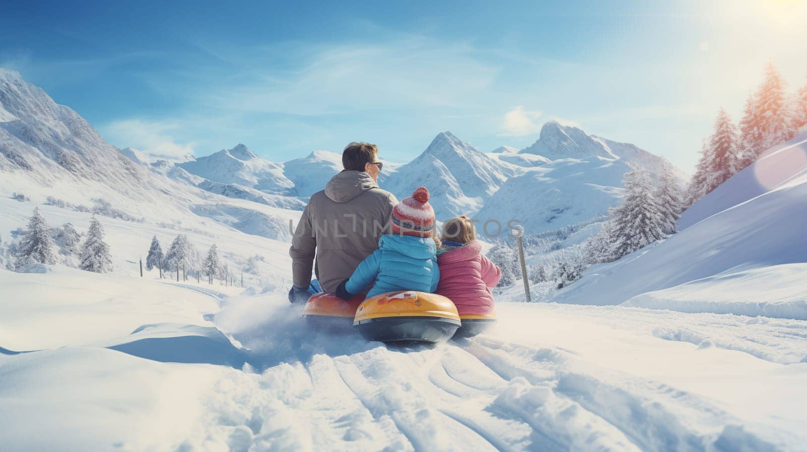 Father with kids tubing down a snowy hill with mountain backdrop,rear view by Zakharova