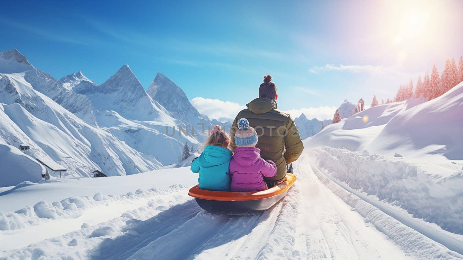 Father with kids tubing down a snowy hill with mountain backdrop,rear view by Zakharova