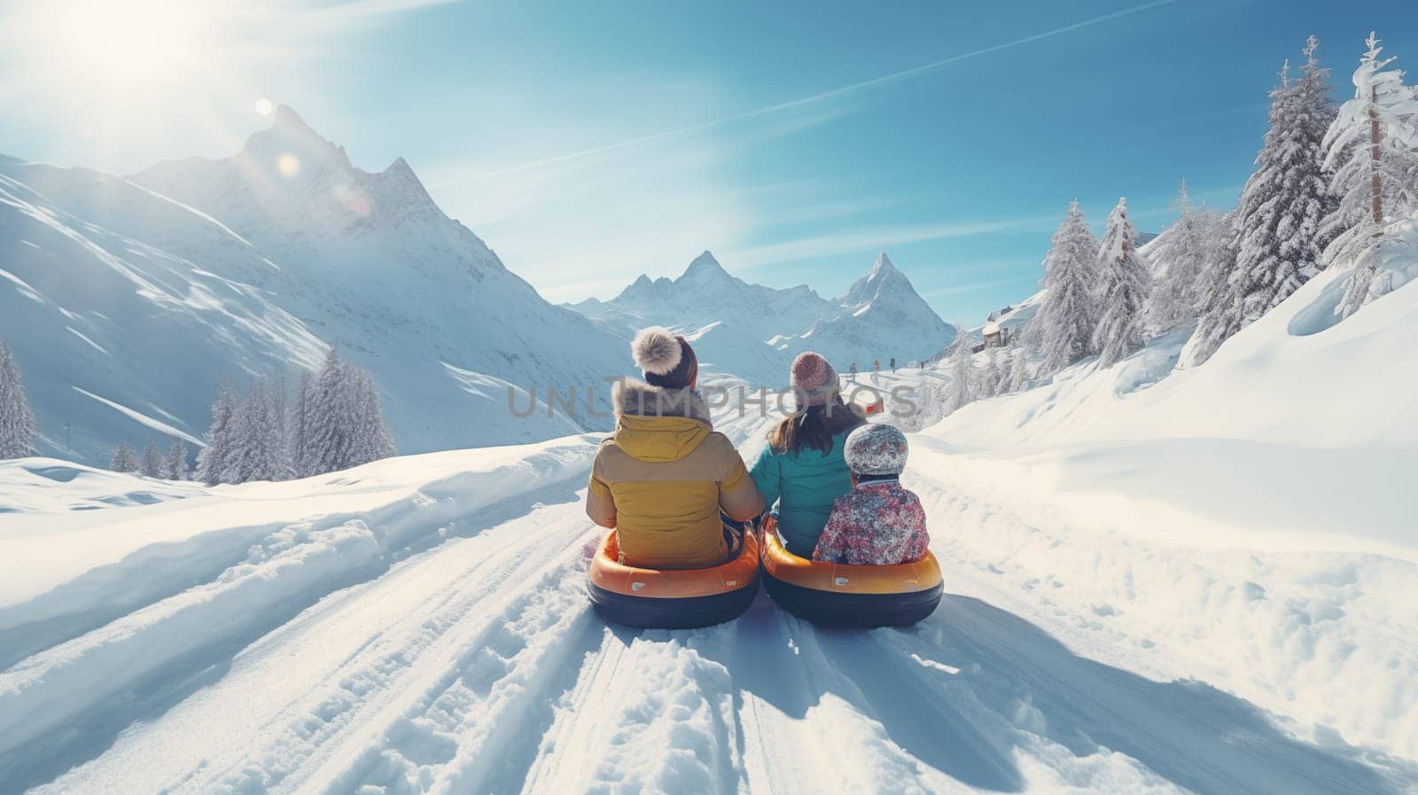 Family tubing down a snowy hill with mountain backdrop,rear view.