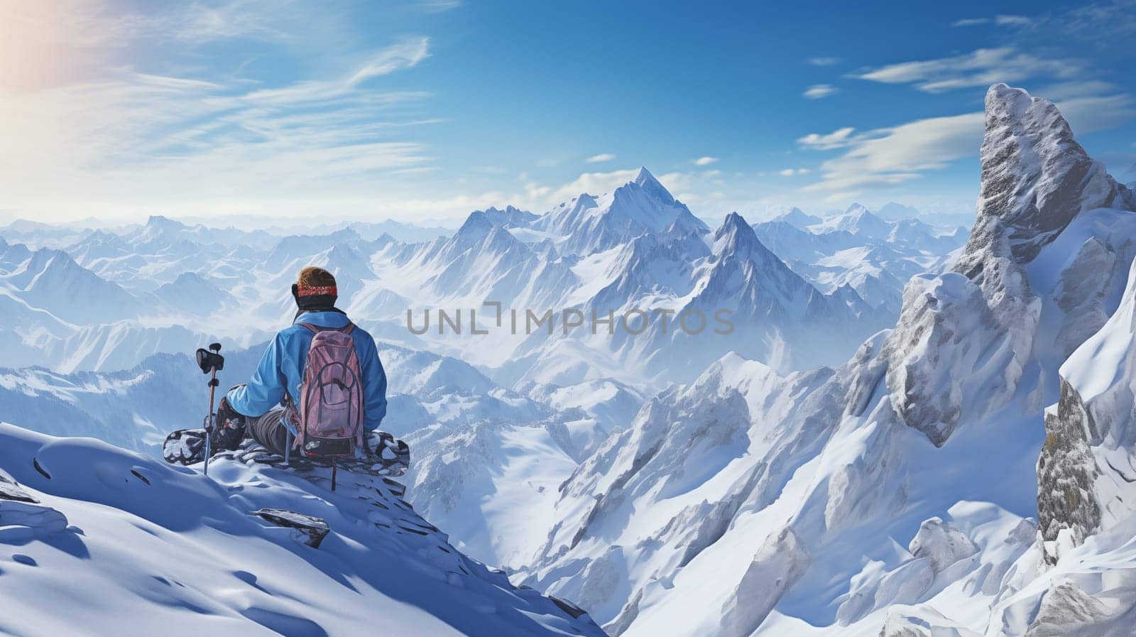 A hiker gazing at vast snow-covered mountains.