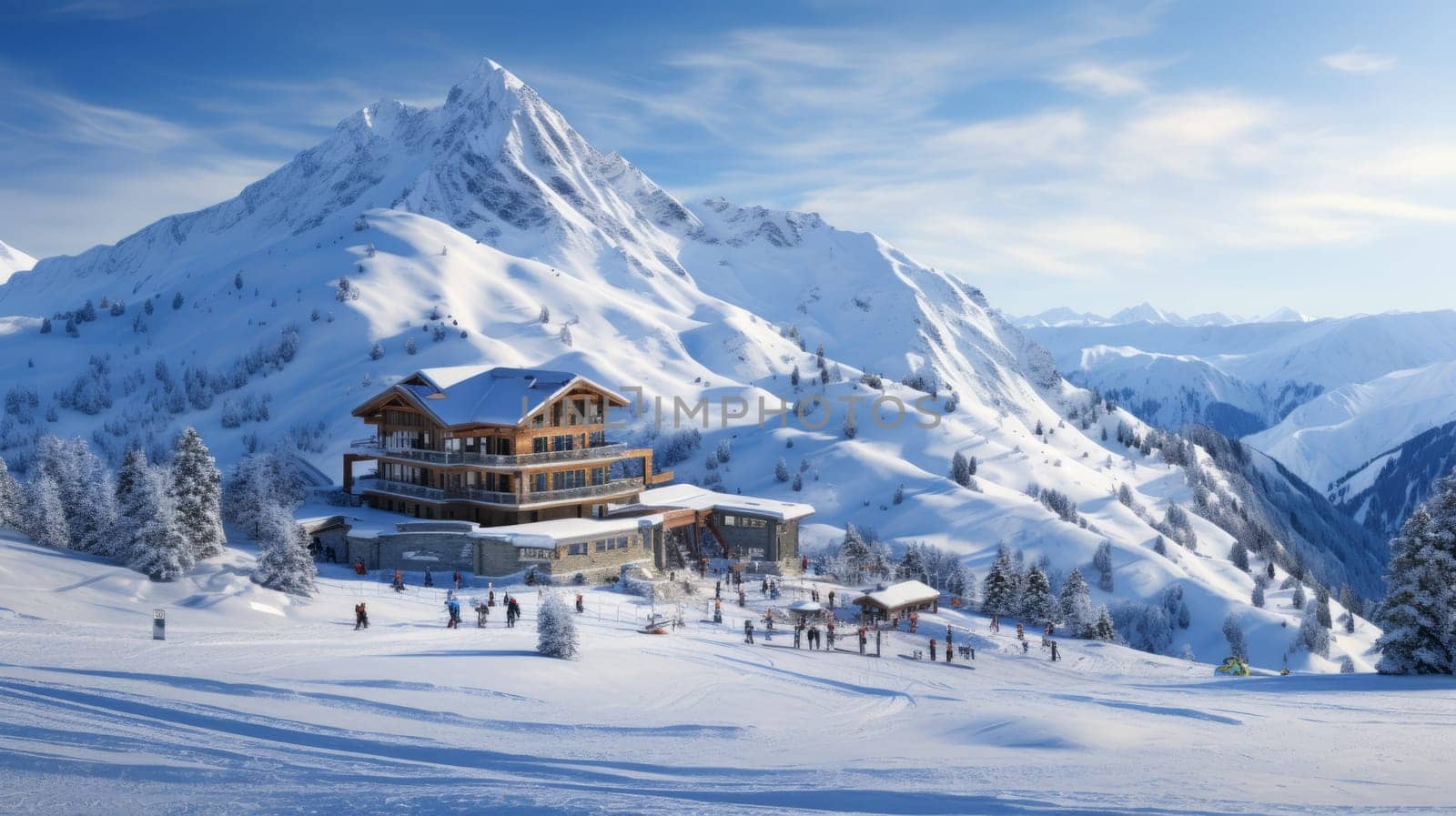 Skiers near a cozy mountain lodge amidst a snow-covered alpine landscape.