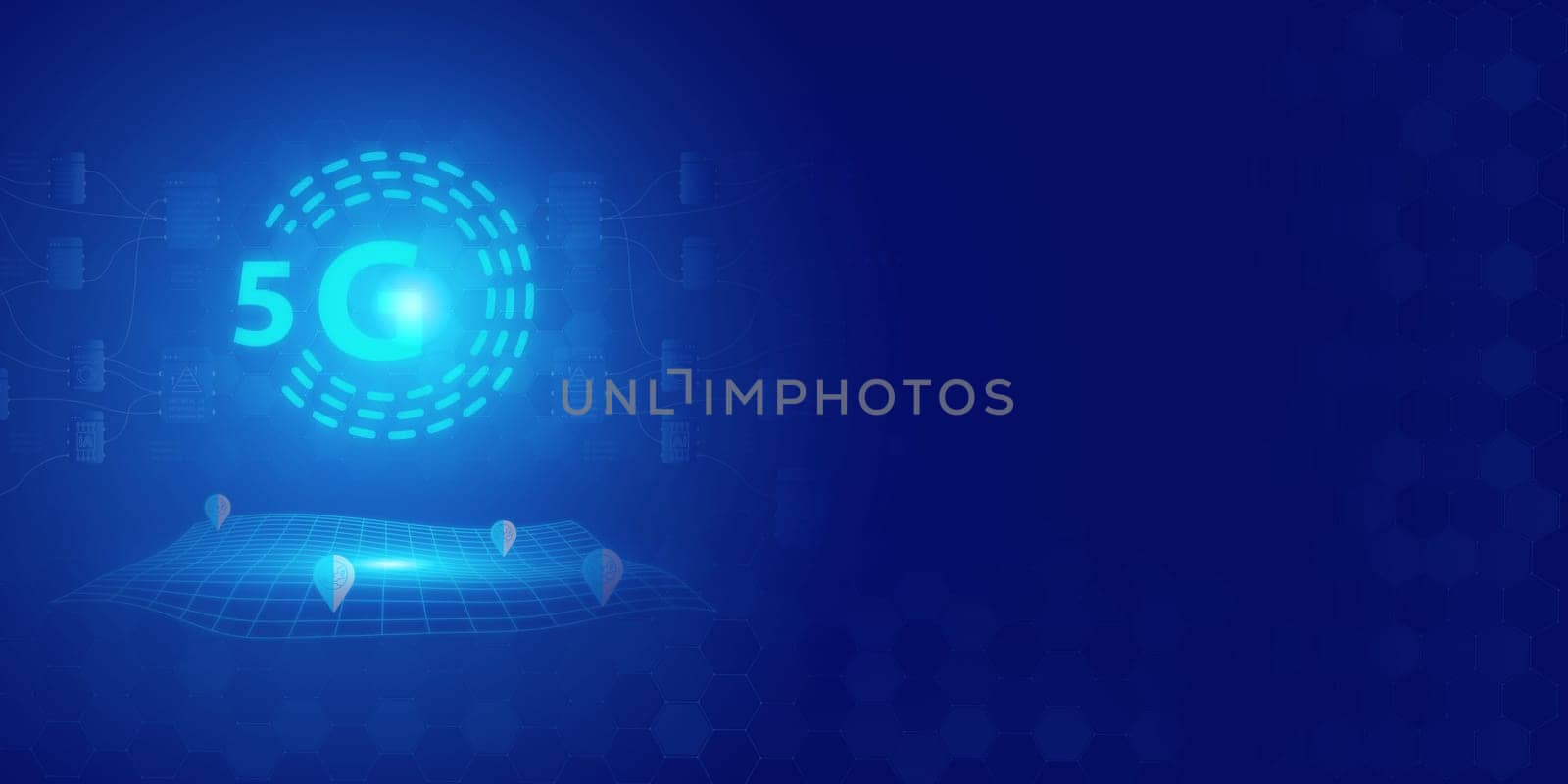 Futuristic blue 5G text and abstract technology background. Artificial intelligence digital transformation and Business quantum internet network communication and Antivirus. by Unimages2527