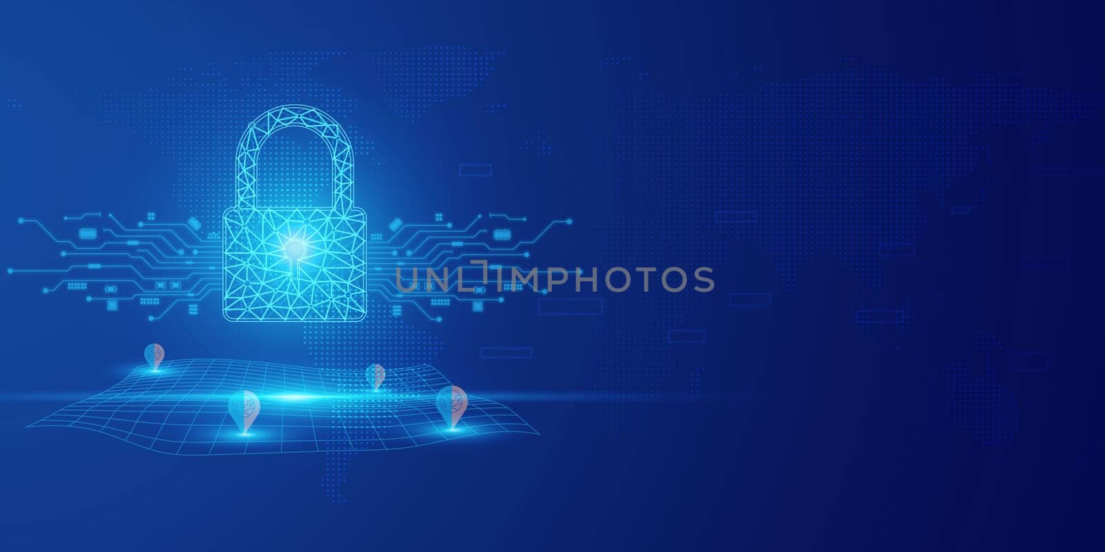 Futuristic blue key and Security abstract technology background. Artificial intelligence digital transformation and Business quantum internet network communication and Antivirus. by Unimages2527
