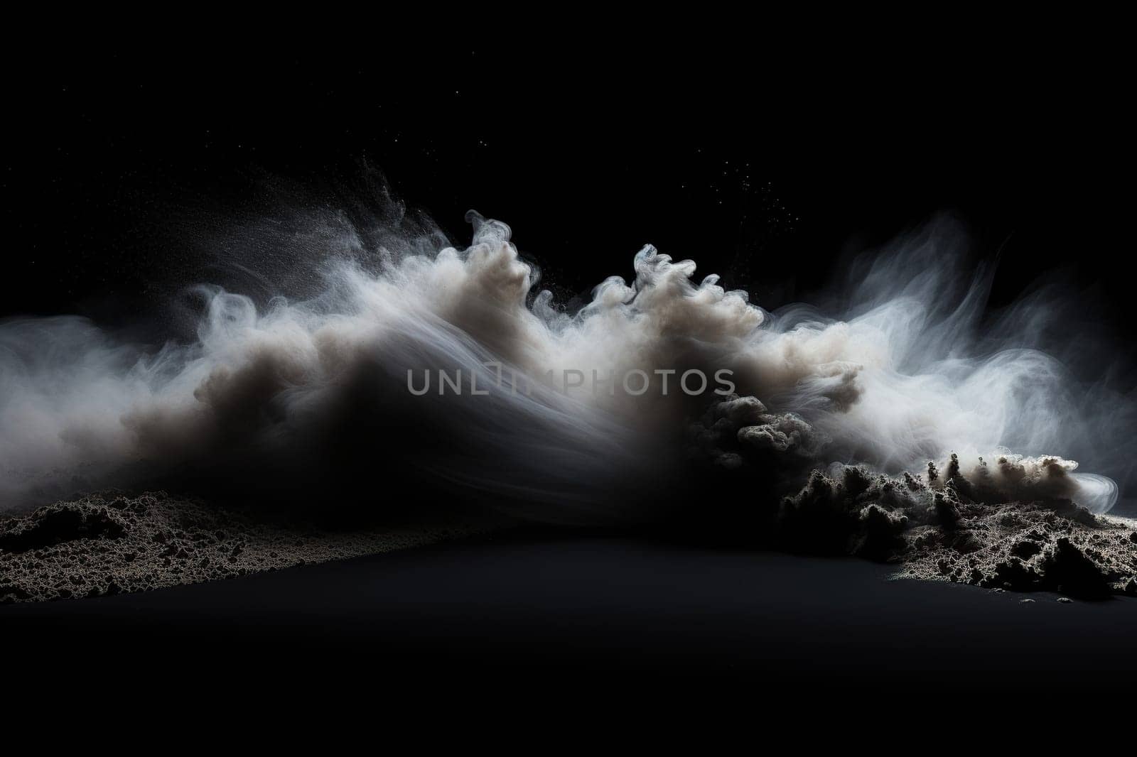 Thick fog, smoke spreads across the black surface in the dark. Abstract background.