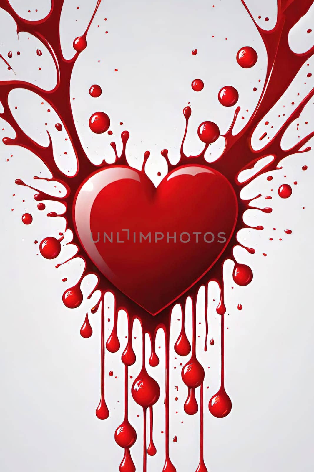 Heart with blood splashes on a gray background. Heart health concept.Heart and drops of blood.Heart and blood splatter on  background.