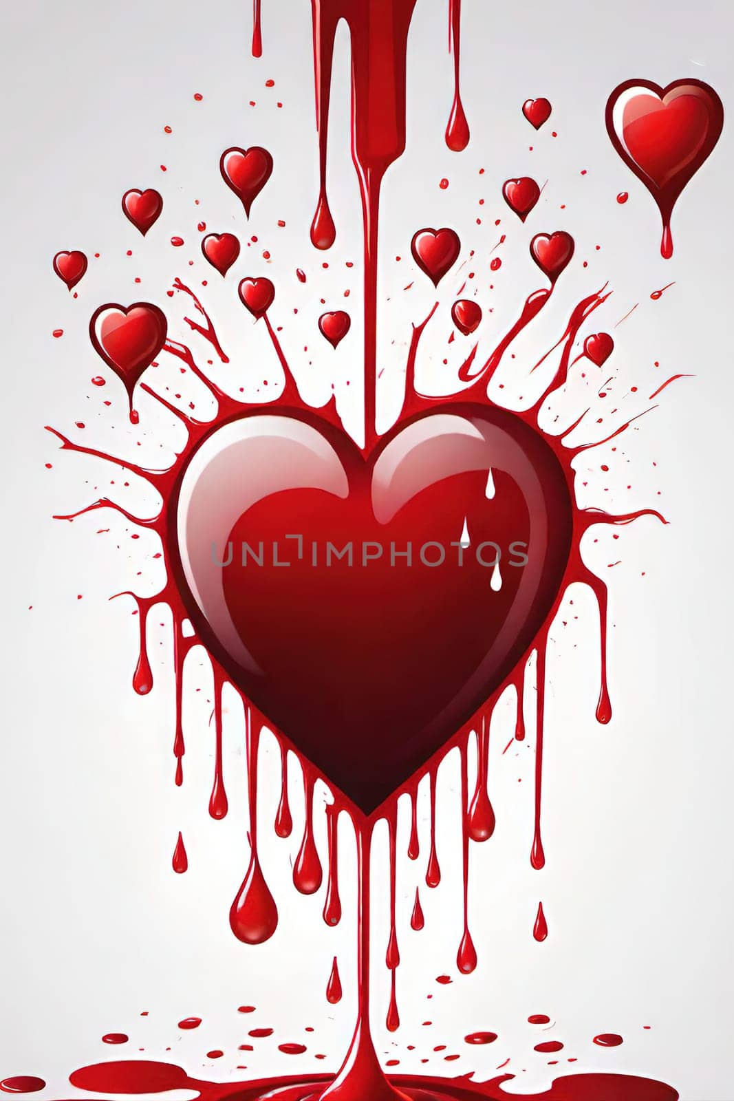 Heart with blood splashes on a gray background. Heart health concept.Heart and drops of blood.Heart and blood splatter on  background.