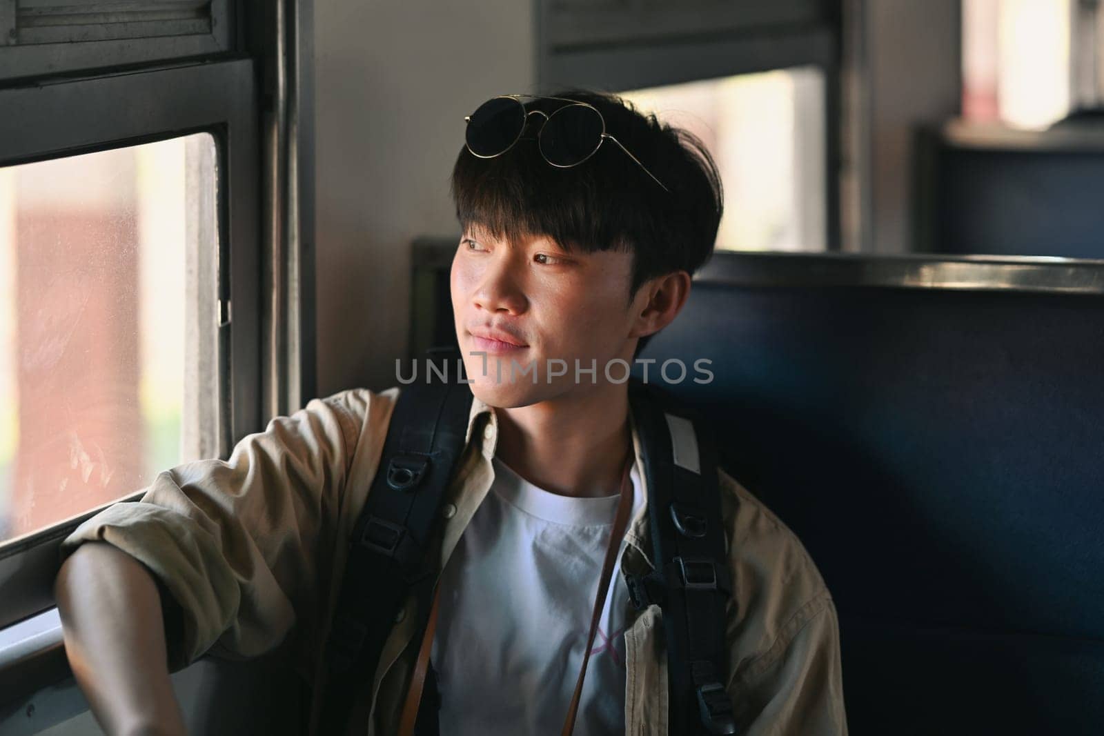 Portrait of young male tourist looking through the train window while commuting by train.