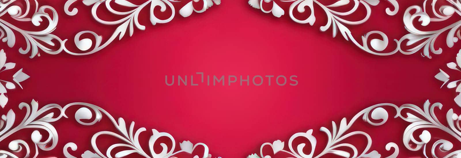 St Valentines day, wedding banner with white ornament on red background. Use for love sale banner, voucher, print, greeting card. Copy space. Beautiful love background for valentines day greeting card