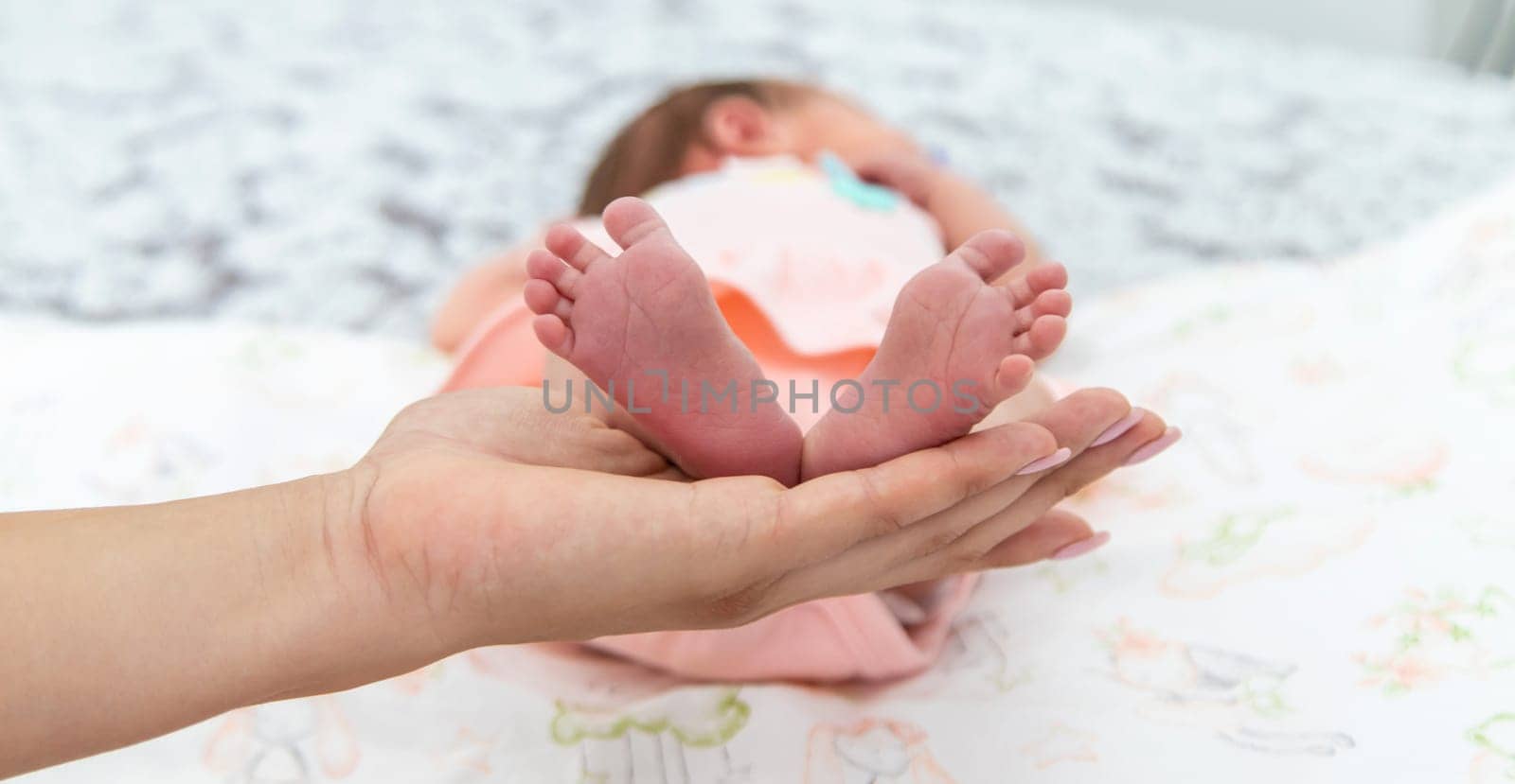 Close-up of the small legs of a newborn baby in the hands of a woman or mother. Moments with a child.