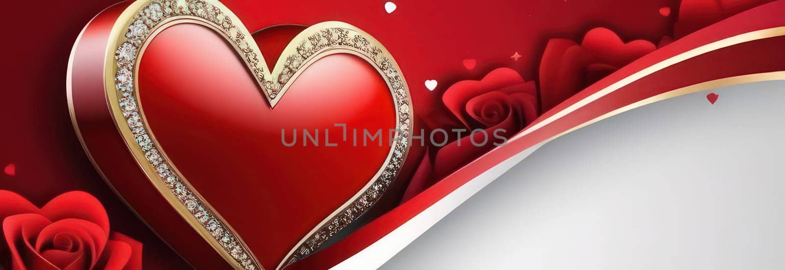 St Valentines day, wedding banner with red ornamental heart on red background. Use for love sale banner, voucher, greeting card. Copy space. Beautiful love background for valentines day greeting card. by Angelsmoon