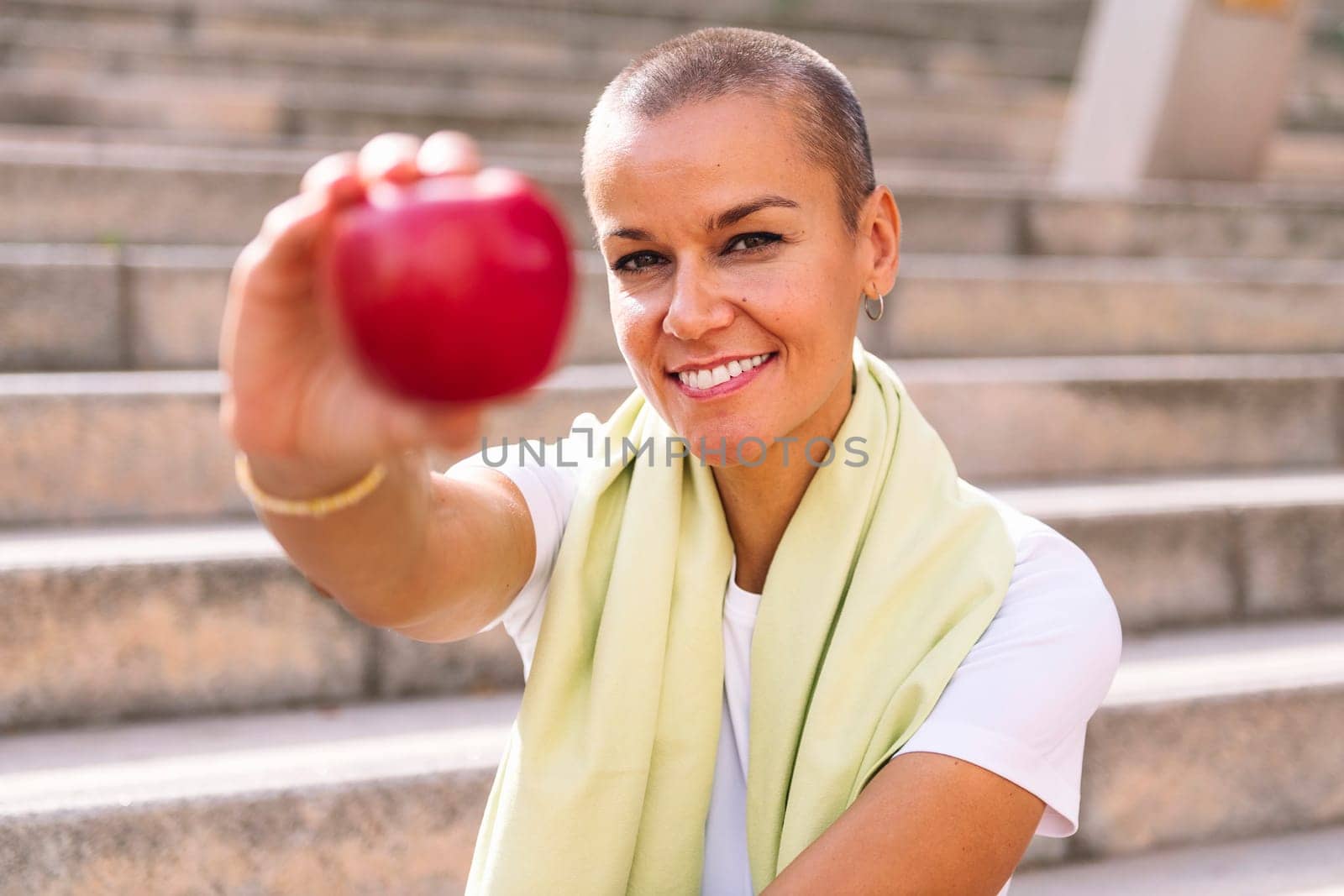 young sports woman showing an apple after workout, concept of healthy and active lifestyle, focus on the smiling face