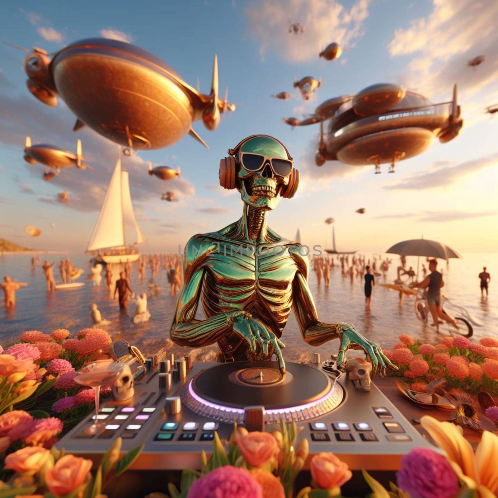 metallic alien dj with human skull, wearing glasses earphone dj of beach party in tropical island generative ai art