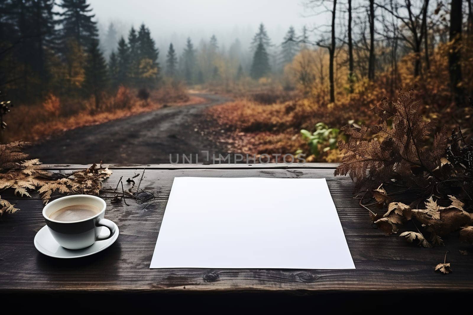 White sheet of paper on a wooden table with a cup in an autumn foggy forest.