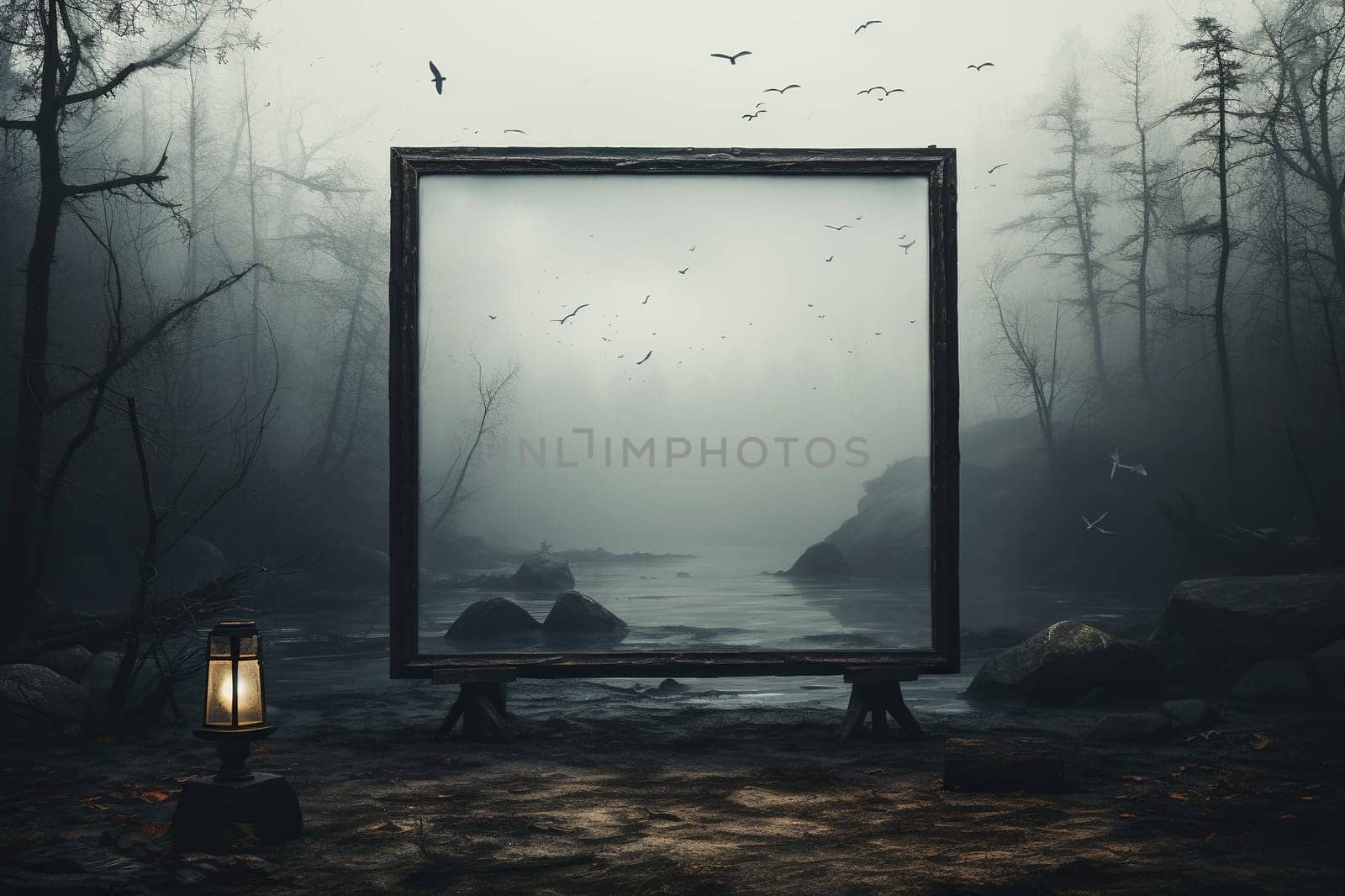 Mystical foggy forest with a large forest in a wooden frame.