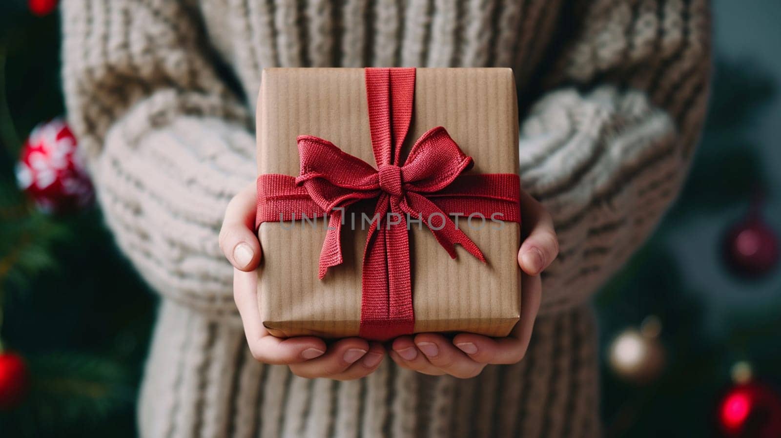 girl holding a box with a gift in her hands. selective focus. present Generative AI,