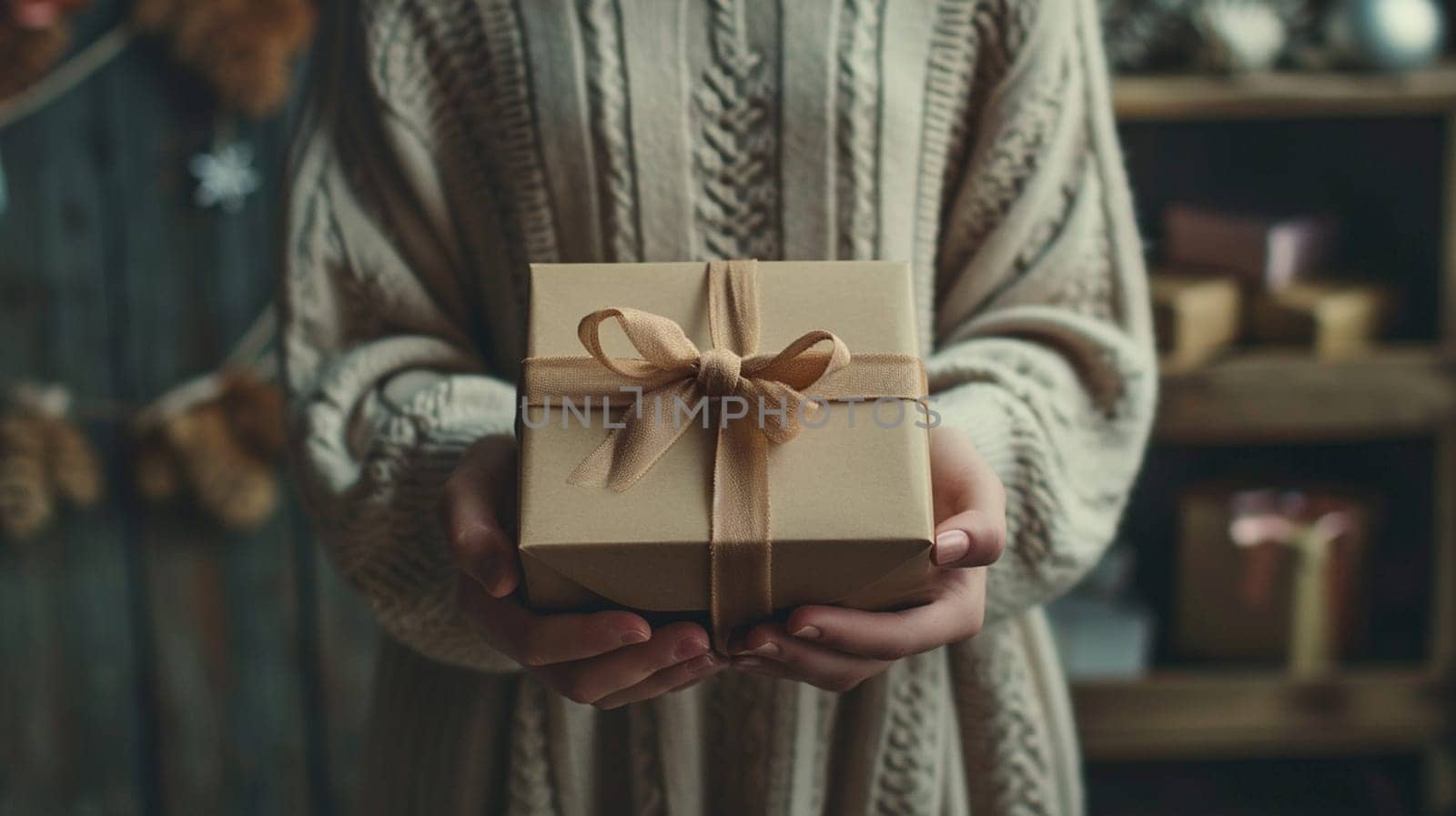 girl holding a box with a gift in her hands. selective focus. present Generative AI,