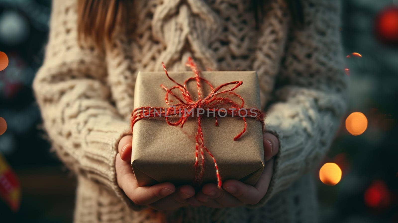 girl holding a box with a gift in her hands. selective focus. present Generative AI,