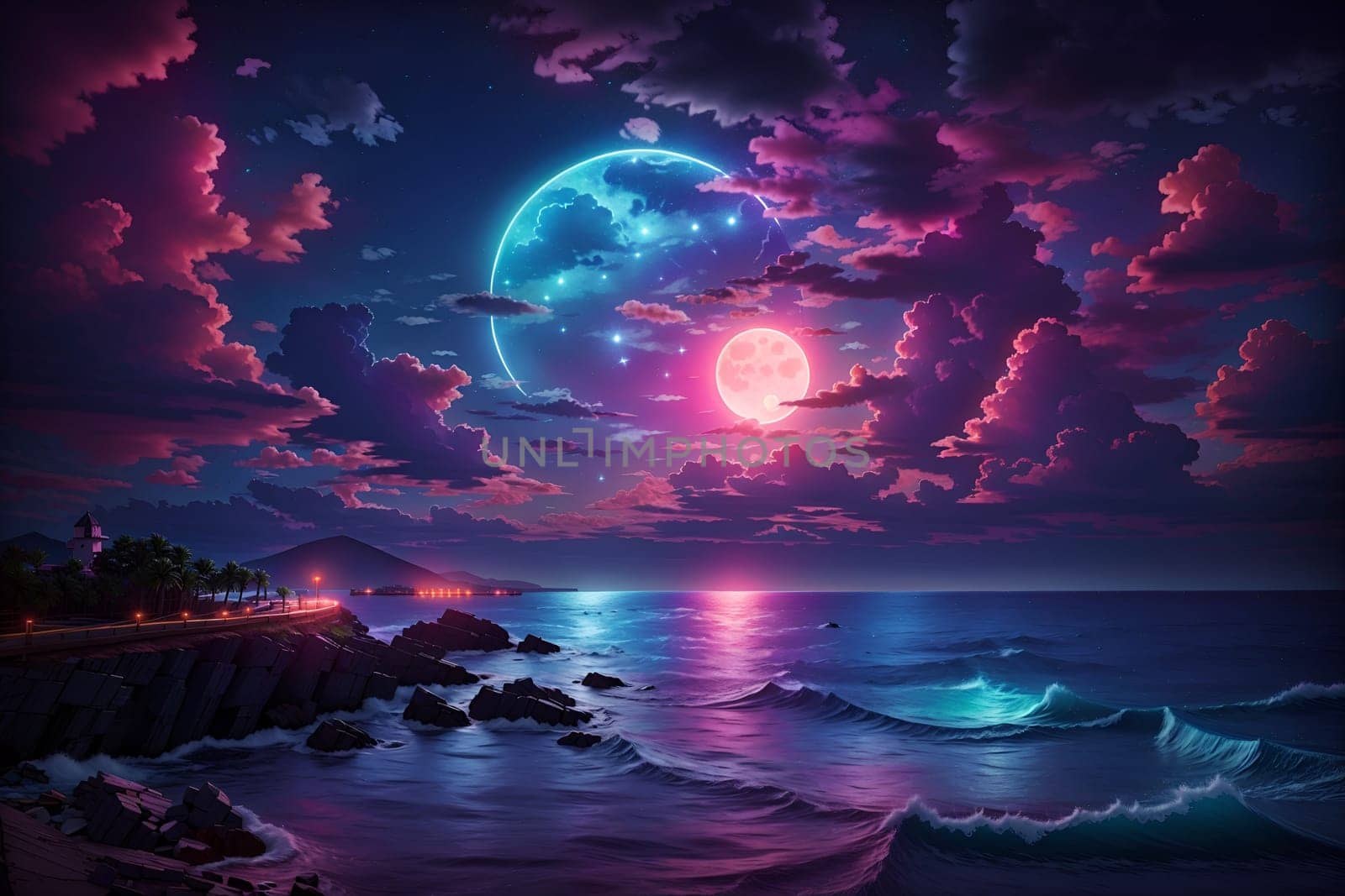 A beautiful painting capturing the serene sight of a full moon shining over the vast ocean.