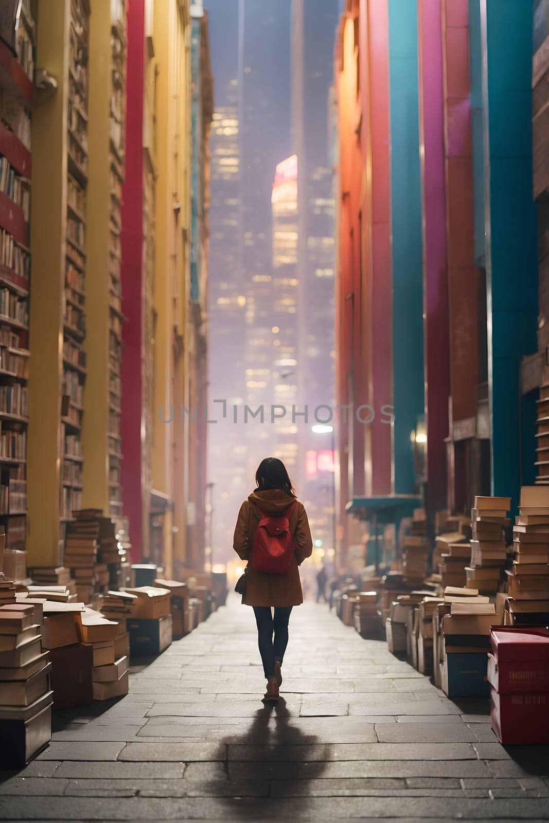 A woman dressed in casual attire walks down a long, well-lit hallway lined with shelves of books in a library.