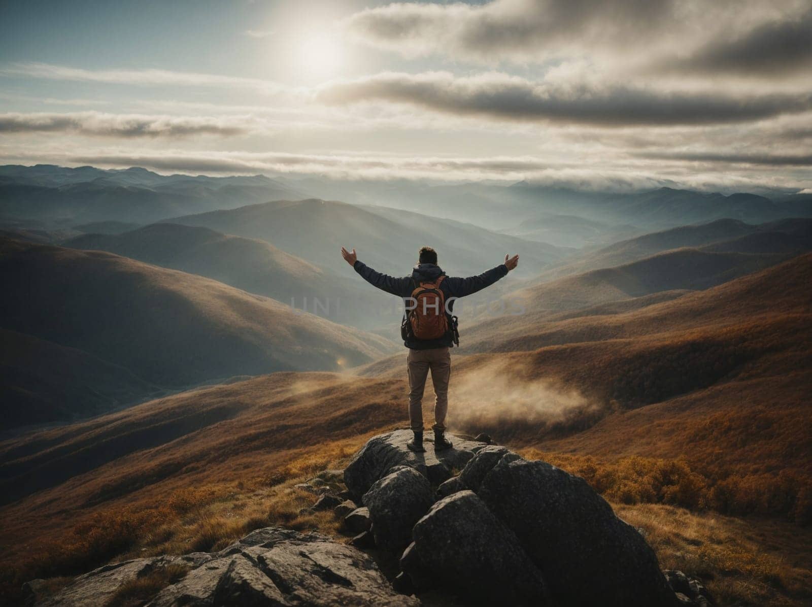 A man standing triumphantly on top of a mountain, stretching his arms wide in celebration.