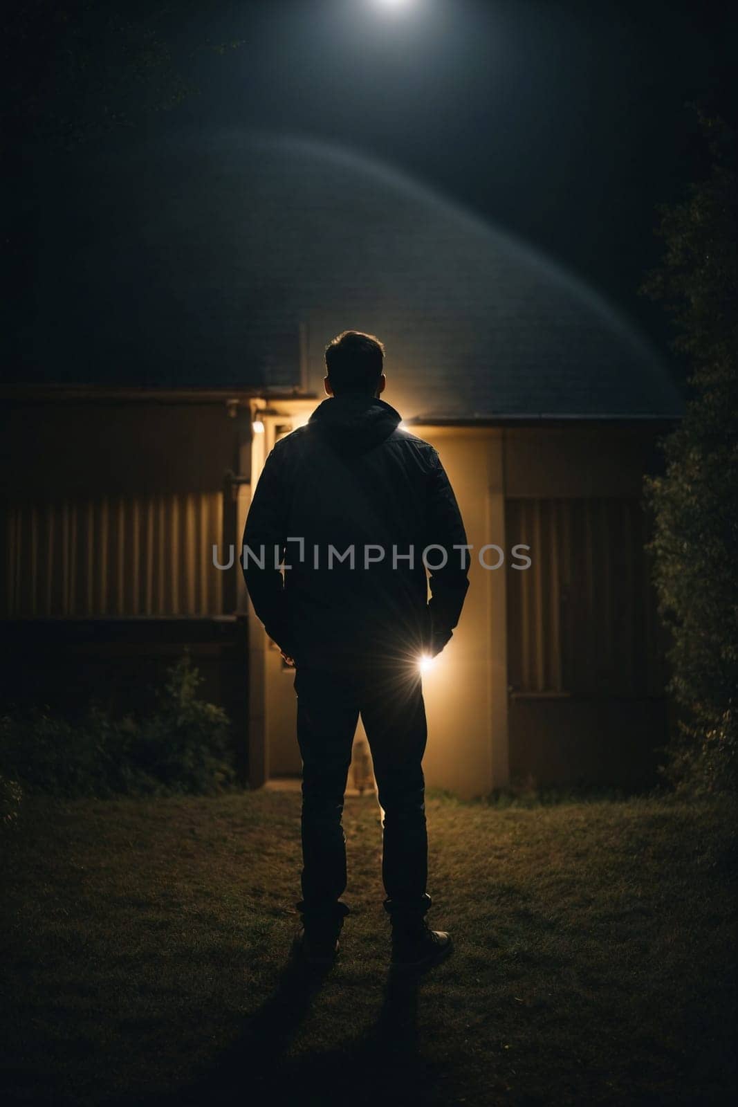 A lone figure stands illuminated by the warm glow of a house nestled in the darkness of the night.